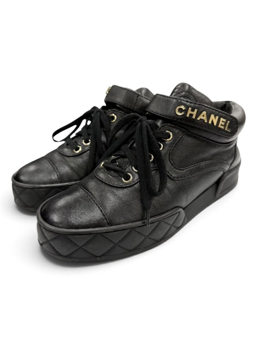 Chanel CC Logo Velcro Lace-up Leather Middle High Top Sneakers Black